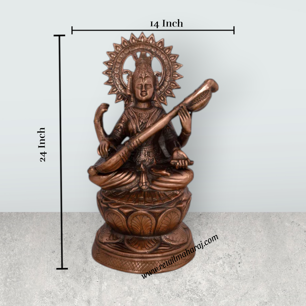Saraswati Murti Sitting On Lotus - 24 x 14 Inches | Copper Oxidised Saraswati Idol/ Saraswathy Idol for Pooja - Retail Maharaj