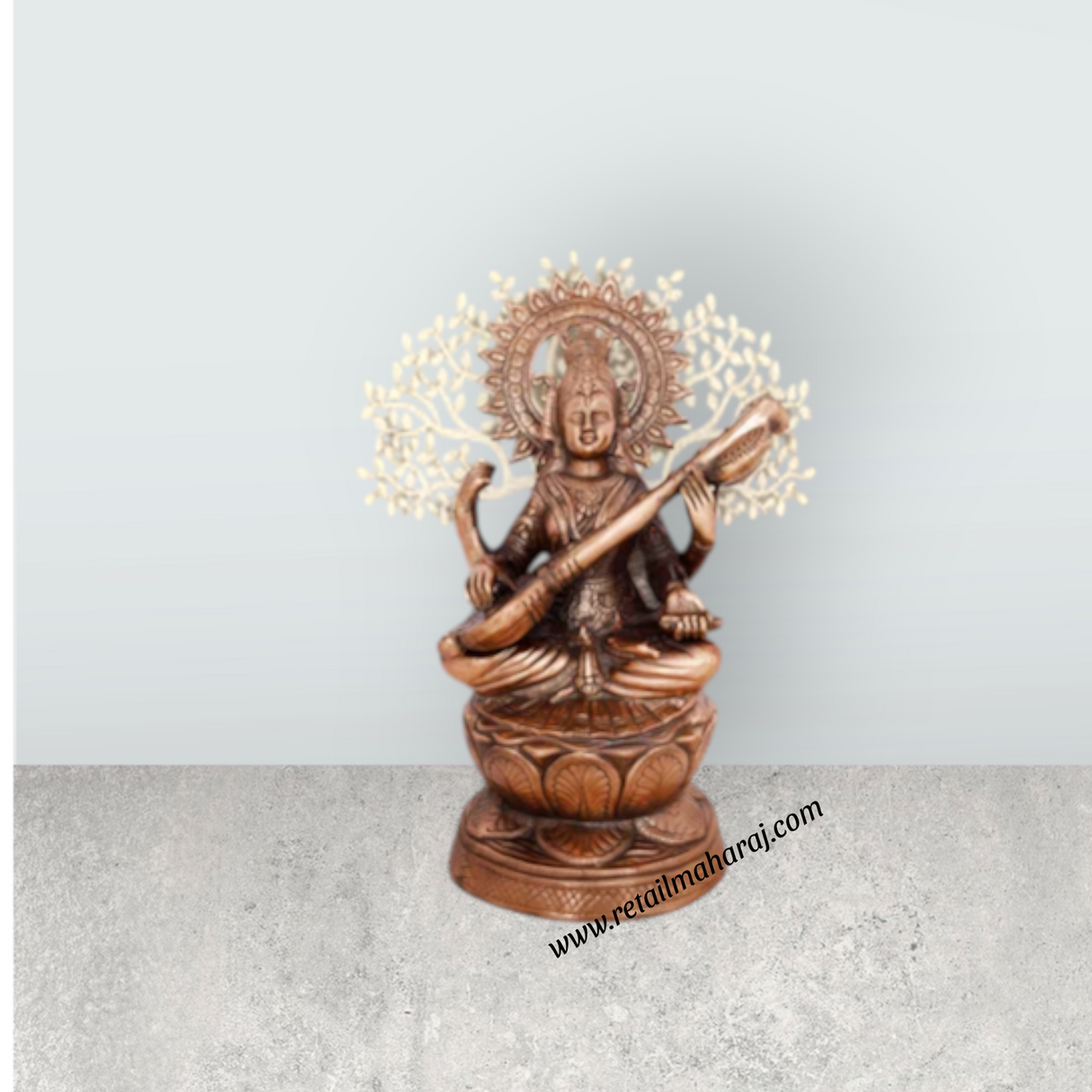 Saraswati Murti Sitting On Lotus - 24 x 14 Inches | Copper Oxidised Saraswati Idol/ Saraswathy Idol for Pooja - Retail Maharaj