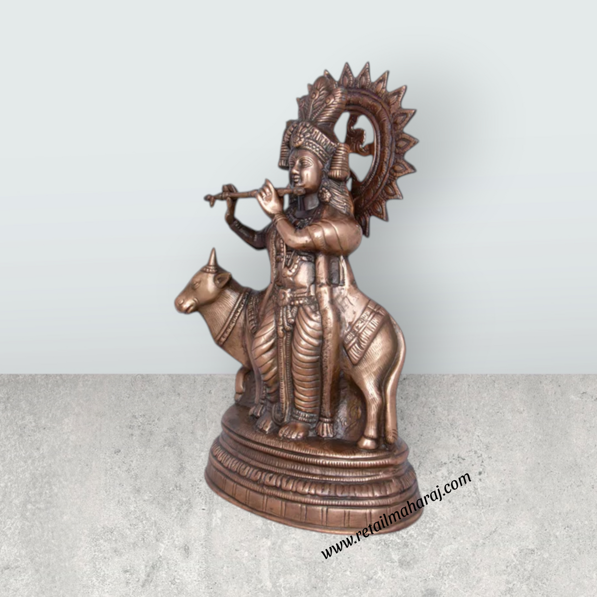 Cow Krishna Murti - 20 x 12 Inches | Copper Oxidised Cow Krishna Statue/ Krishna Idol for Pooja/ 2.800 Kgs - Retail Maharaj