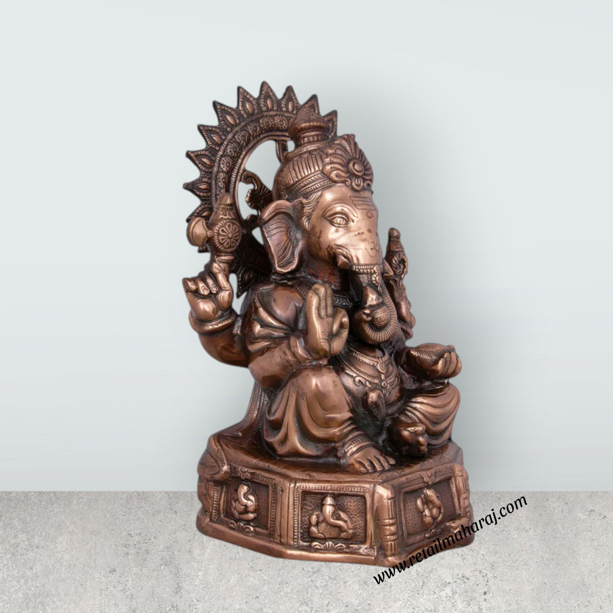 Ganesh Murti With Base - 17 x 12 Inches | Copper Oxidised Ganpati Idol/ Vinayaka Statue for Pooja/ 2.680 Kgs - Retail Maharaj