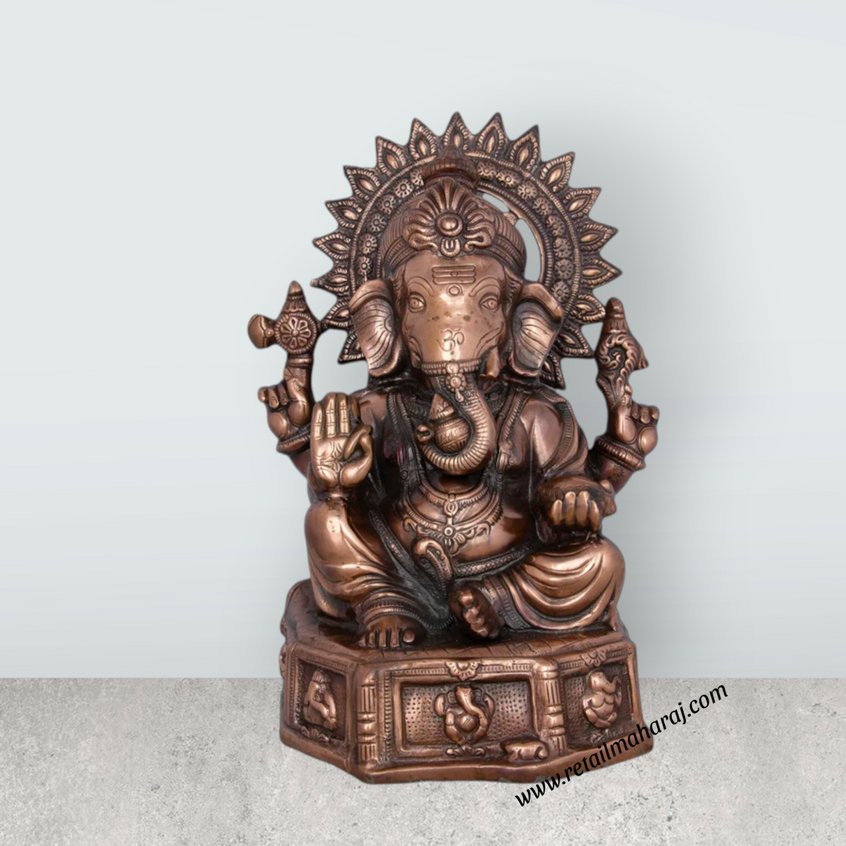 Ganesh Murti With Base - 17 x 12 Inches | Copper Oxidised Ganpati Idol/ Vinayaka Statue for Pooja/ 2.680 Kgs - Retail Maharaj