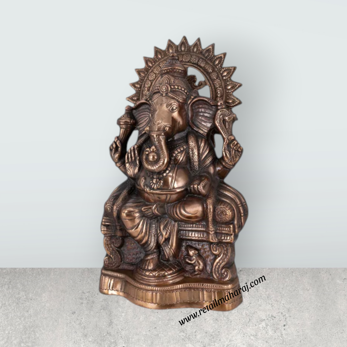 Ganesh Murti Sitting On Base - 19 X 10.5 Inches | Copper Oxidised Vinayaka Idol/ Ganpati Murti For Worship - Retail Maharaj