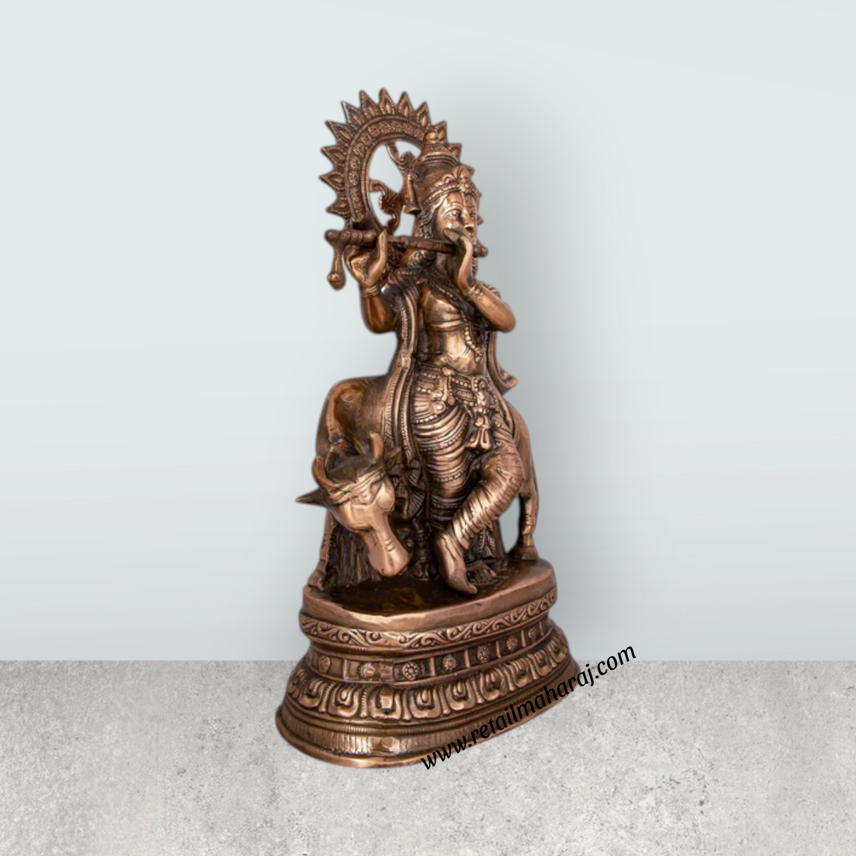 Krishna Murti - 28 x 10 Inches | Copper Oxidised Murti/ Cow Krishna Idol/ Standing Krishna Statue for Pooja/ 3.960 Kgs - Retail Maharaj