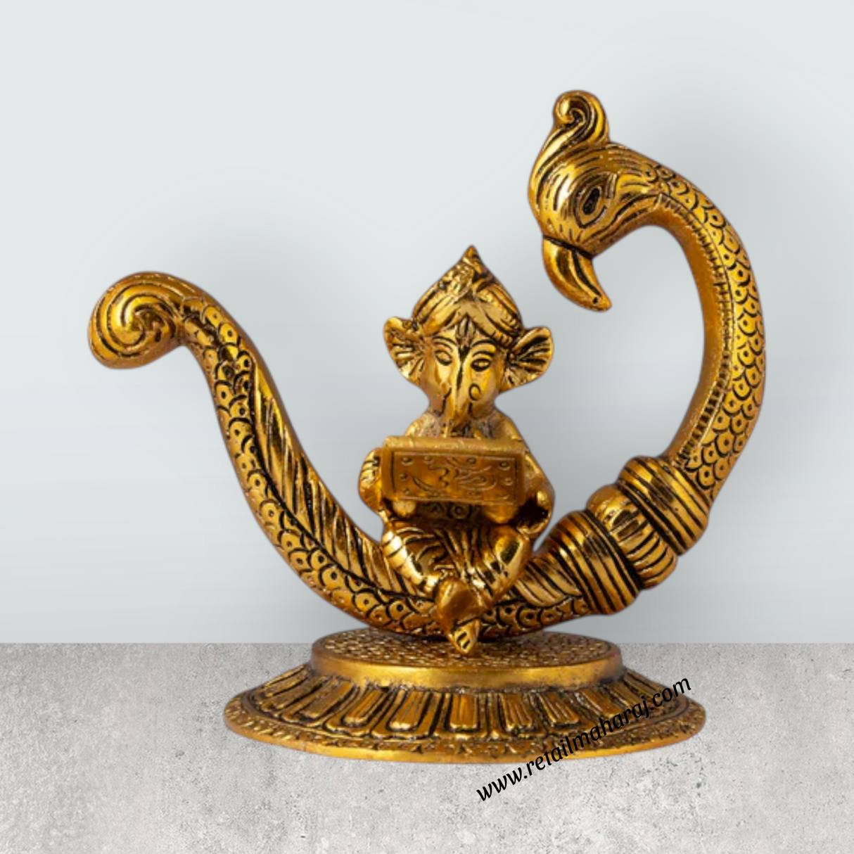 Laptop Ganesh Murti Sitting On Peacock Base - 6 x 6 Inches | Aluminium & Gold Polish Vinayaka Statue for Home - Retail Maharaj