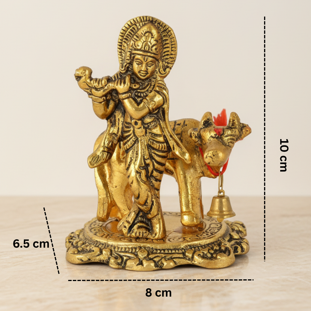Kamdhenu Cow with Krishna Idol – Metal Decorative Statue for Pooja & Home Temple by Sanskriti Vibes | Glossy Finish - Retail Maharaj