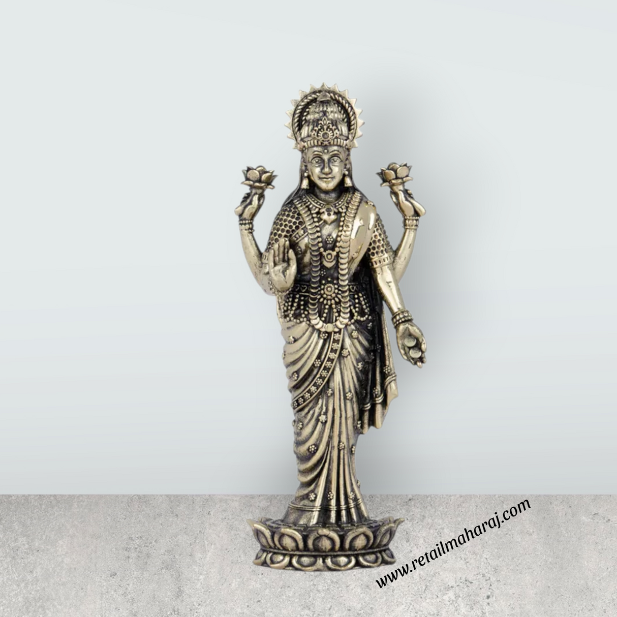Laxmi Statue - 7 x 2.5 Inches | Laxmi Idol Standing On Lotus/ Brass Idol for Pooja/ 285 Gms Approx - Retail Maharaj