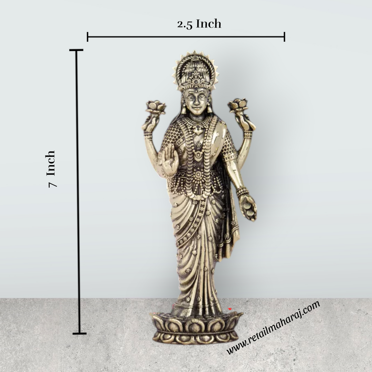 Laxmi Statue - 7 x 2.5 Inches | Laxmi Idol Standing On Lotus/ Brass Idol for Pooja/ 285 Gms Approx - Retail Maharaj