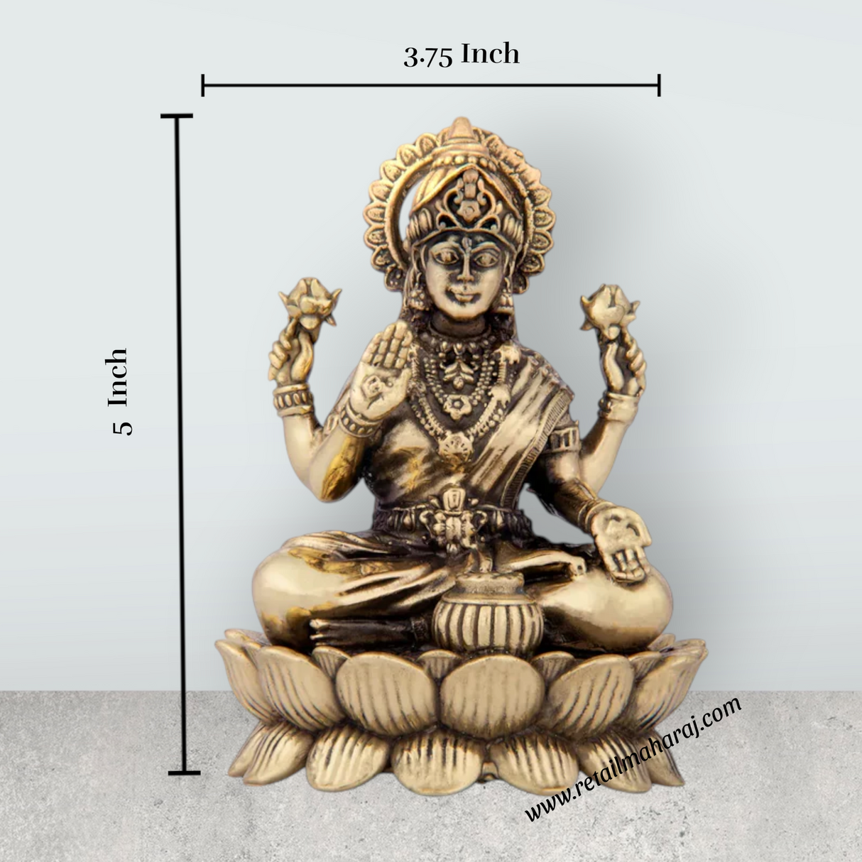 Laxmi Devi Statue - 5 x 3.75 Inches | Brass Idol/ Lakshmi Statue Sitting On Lotus/ 400 Gms Approx - Retail Maharaj