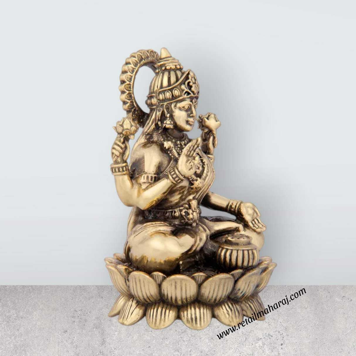 Laxmi Devi Statue - 5 x 3.75 Inches | Brass Idol/ Lakshmi Statue Sitting On Lotus/ 400 Gms Approx - Retail Maharaj