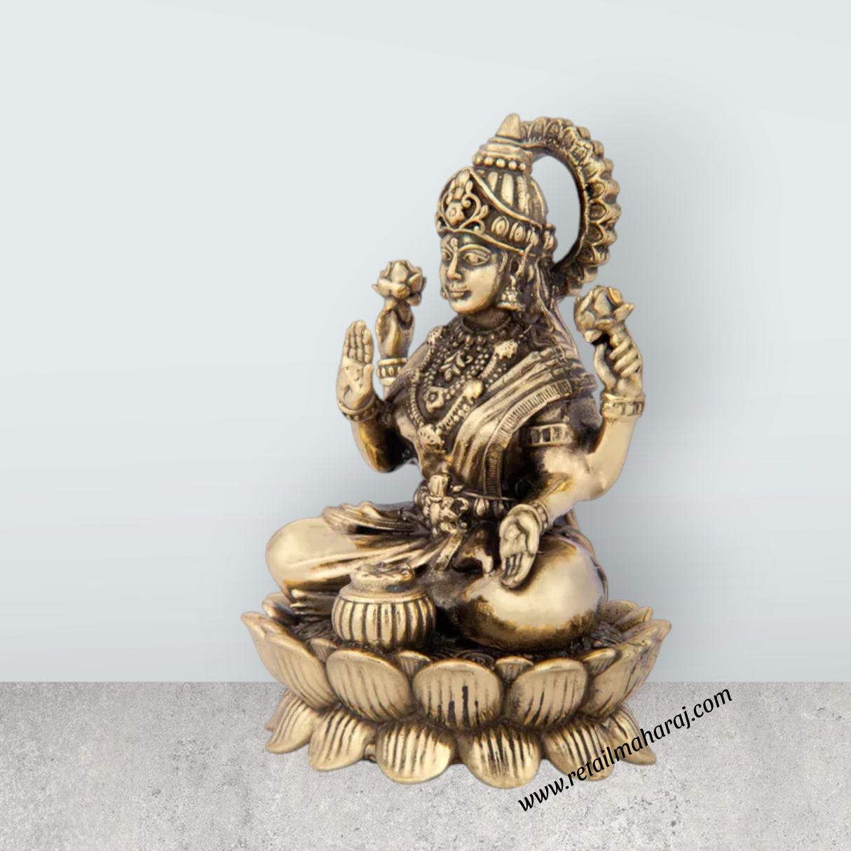 Laxmi Devi Statue - 5 x 3.75 Inches | Brass Idol/ Lakshmi Statue Sitting On Lotus/ 400 Gms Approx - Retail Maharaj