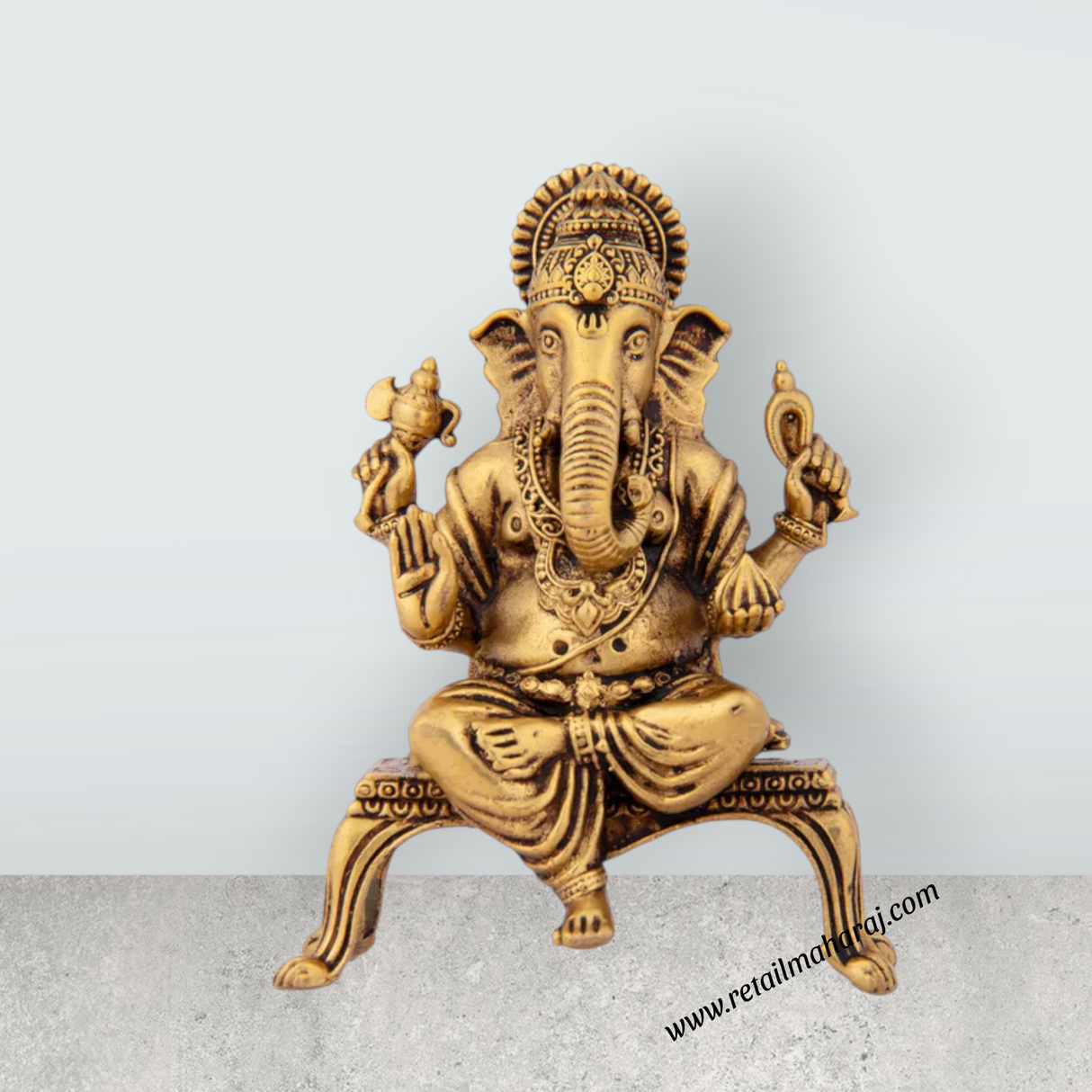 Ganesh Statue Sitting On Chowki - 3.5 x 2.5 Inches | Brass Vinayaka Idol / Ganesh Idol for Pooja / 150 Gms Approx - Retail Maharaj
