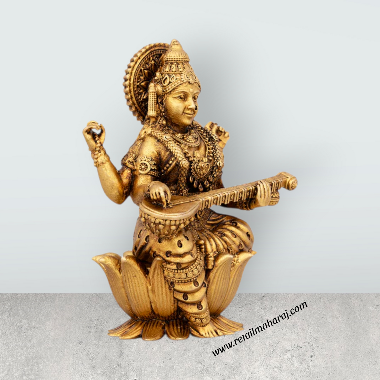Saraswati Murti Sitting On Lotus Base - 3.75 x 2.5 Inches | Brass Idol/ Maa Saraswati Statue for Pooja
