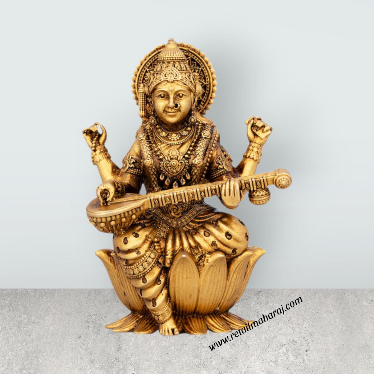 Saraswati Murti Sitting On Lotus Base - 3.75 x 2.5 Inches | Brass Idol/ Maa Saraswati Statue for Pooja