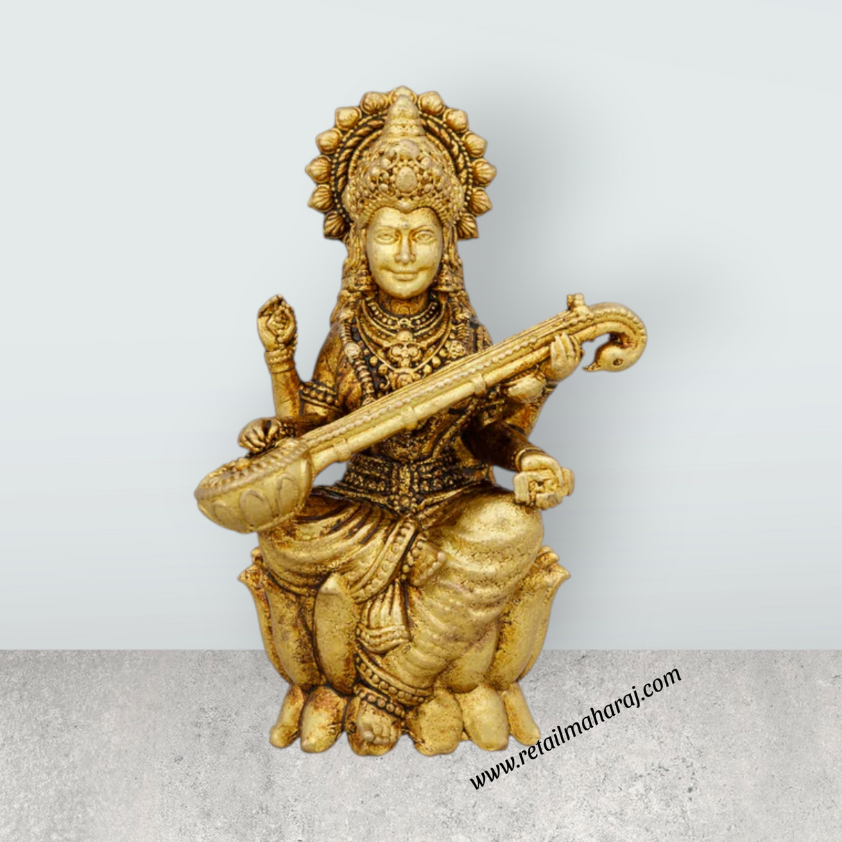 Saraswati Murti Sitting On Lotus Base - 2 x 1.5 Inches | Brass Idol/ Saraswati Statue for Pooja - Retail Maharaj