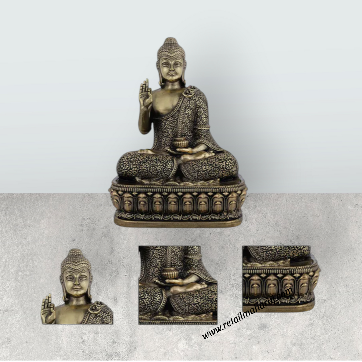 Brass Buddha Sitting On Flower Base Statue – 6 x 4 Inches | Antique Brass Buddha Idol for Home & Meditation Décor - Retail Maharaj