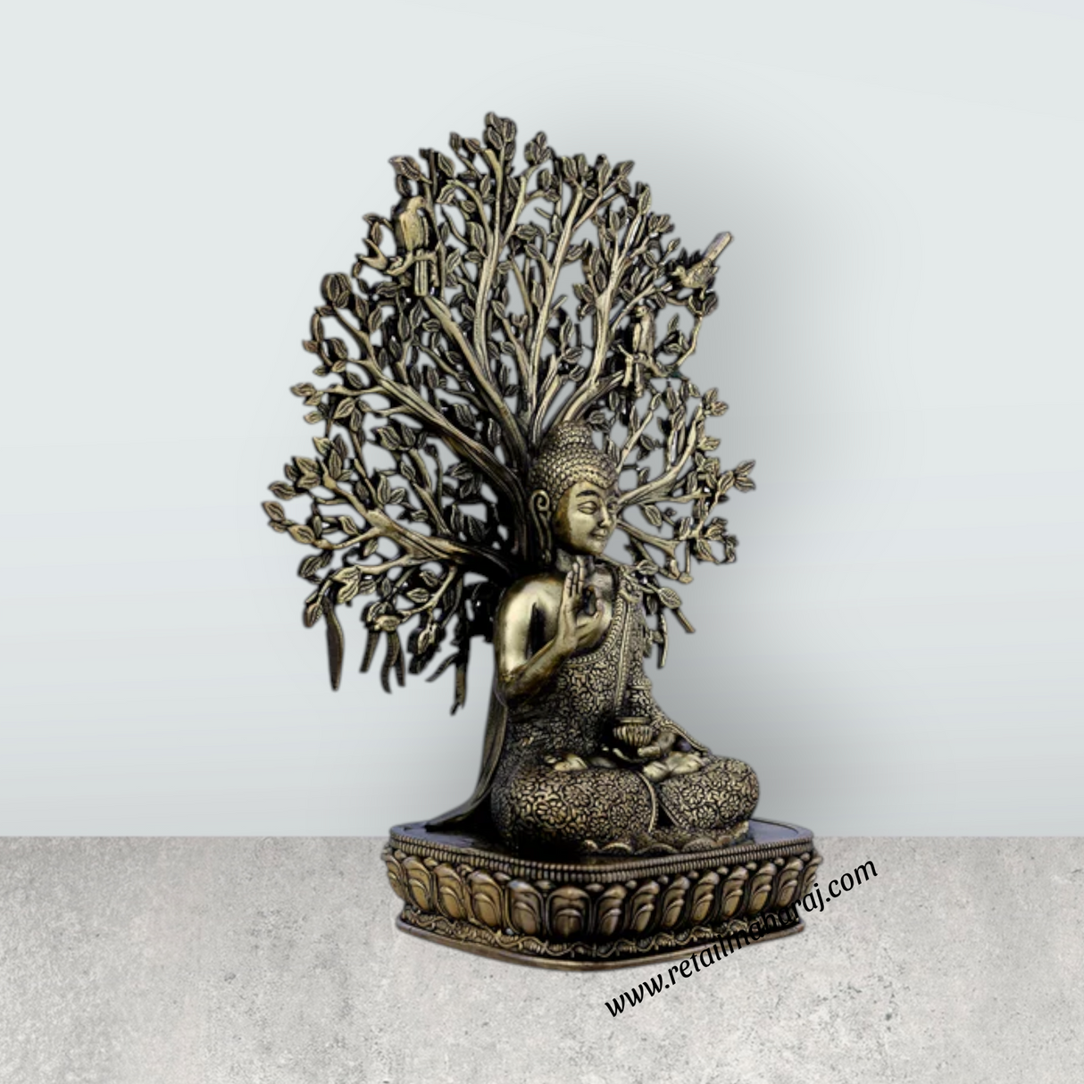 Buddha Sitting On Base Murti – Antique Brass Buddha Sculpture / Tree Design Buddha Idol for Home (6.5 x 5 Inches) - Retail Maharaj