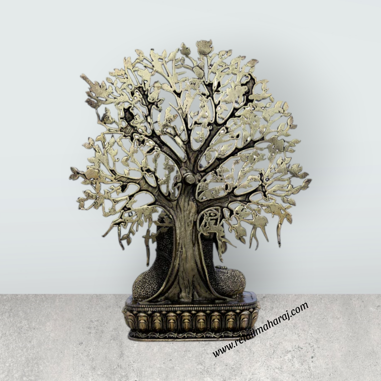 Buddha Sitting On Base Murti – Antique Brass Buddha Sculpture / Tree Design Buddha Idol for Home (6.5 x 5 Inches) - Retail Maharaj