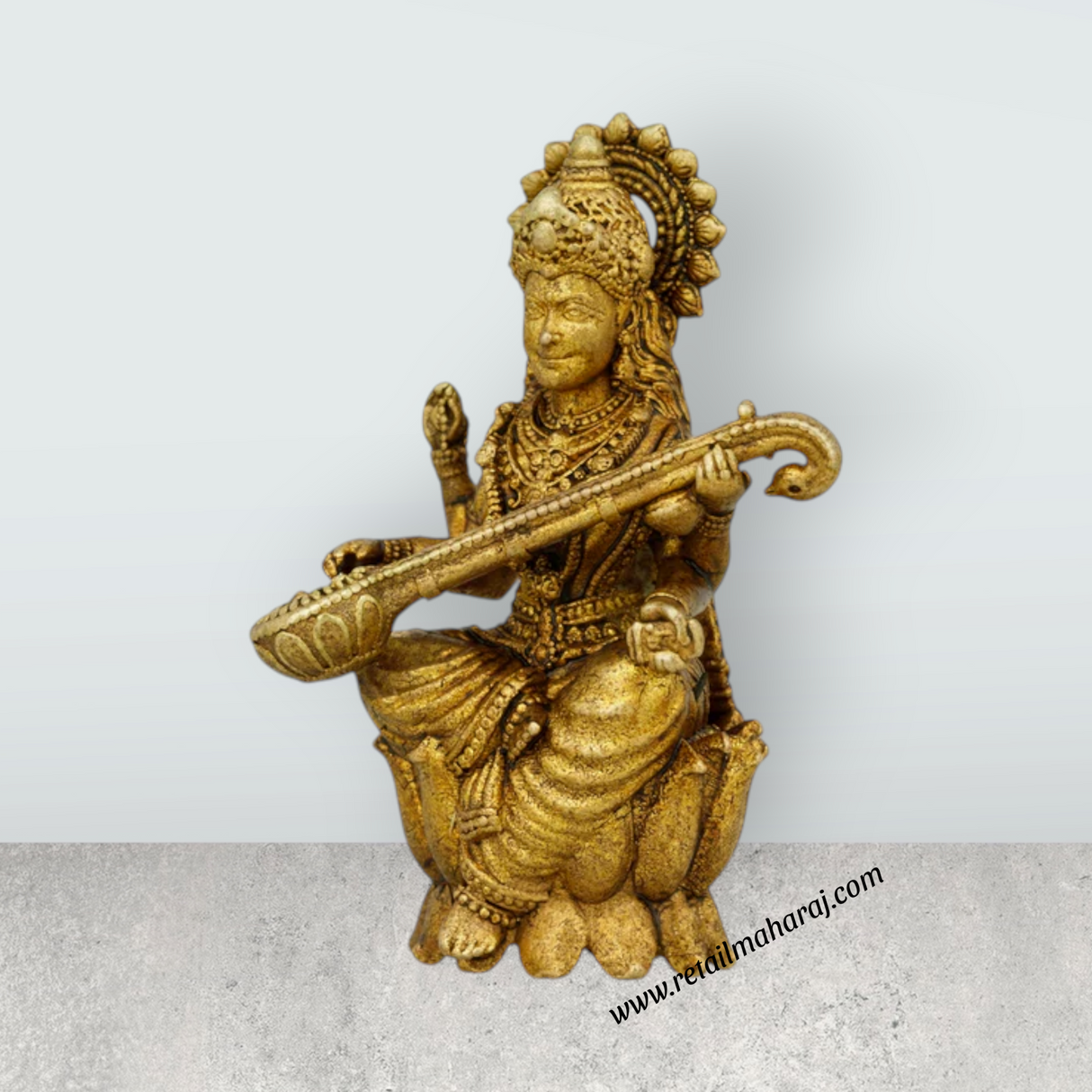 Saraswati Murti Sitting On Lotus Base - 1.5 x 1 Inches | Brass Idol/ Saraswathy Idol for Pooja - Retail Maharaj