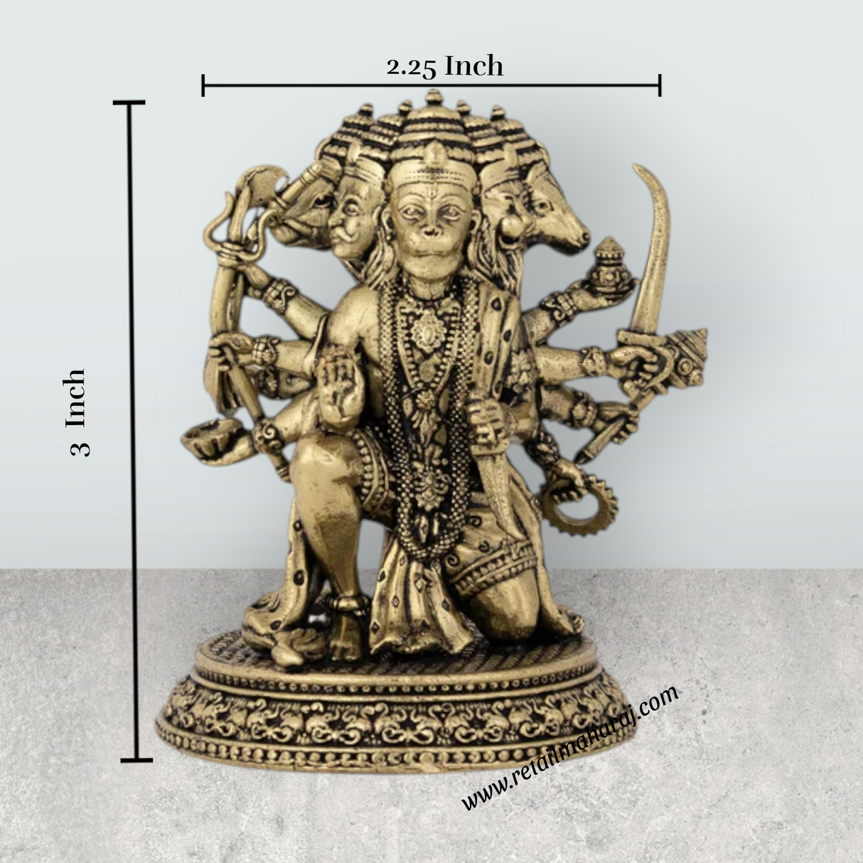 Panchamukha Hanuman Mandi On Base Murti - 6 x 5 Inches | Antique Brass Statue for Home Décor & Pooja - Retail Maharaj