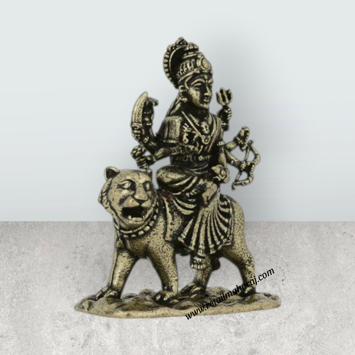 Durga Murti Sitting On Tiger – 1 x 0.75 Inches | Antique Brass Durga Idol / Durga Statue For Pooja Room Decor - Retail Maharaj