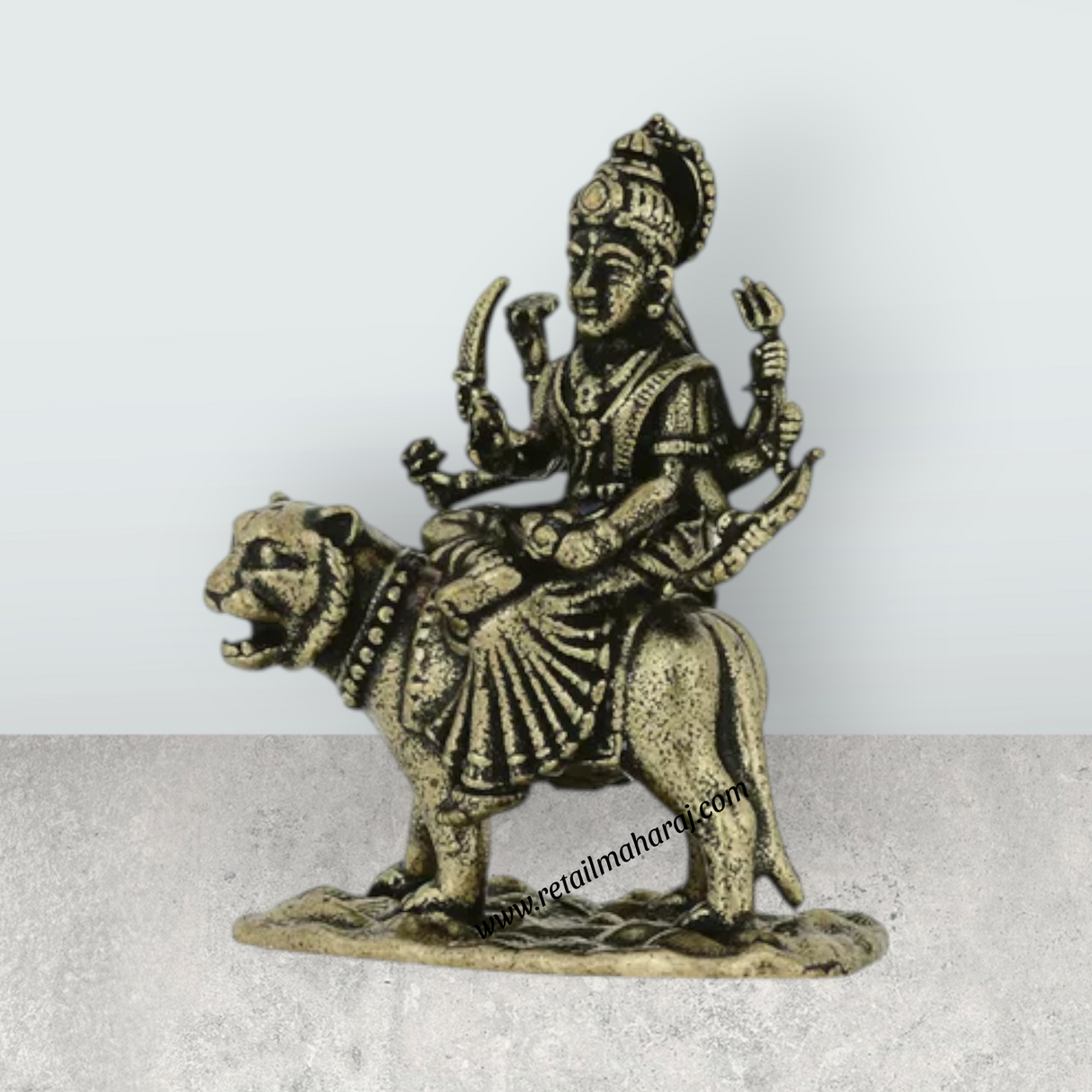 Durga Murti Sitting On Tiger – 1 x 0.75 Inches | Antique Brass Durga Idol / Durga Statue For Pooja Room Decor - Retail Maharaj