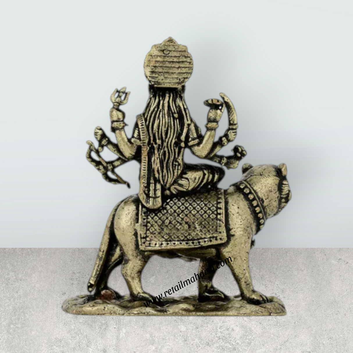 Durga Murti Sitting On Tiger – 1 x 0.75 Inches | Antique Brass Durga Idol / Durga Statue For Pooja Room Decor - Retail Maharaj