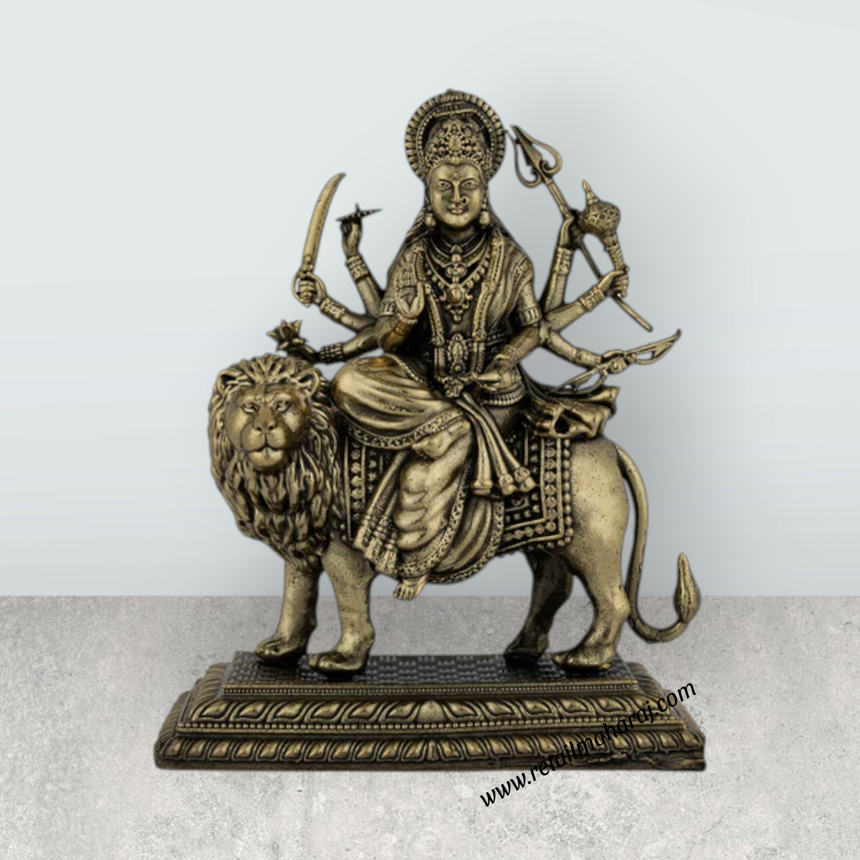 Brass Durga Sitting on Lion Murti – 4.25 x 4.25 Inches | Antique Brass Durga Statue for Home & Pooja Décor - Retail Maharaj