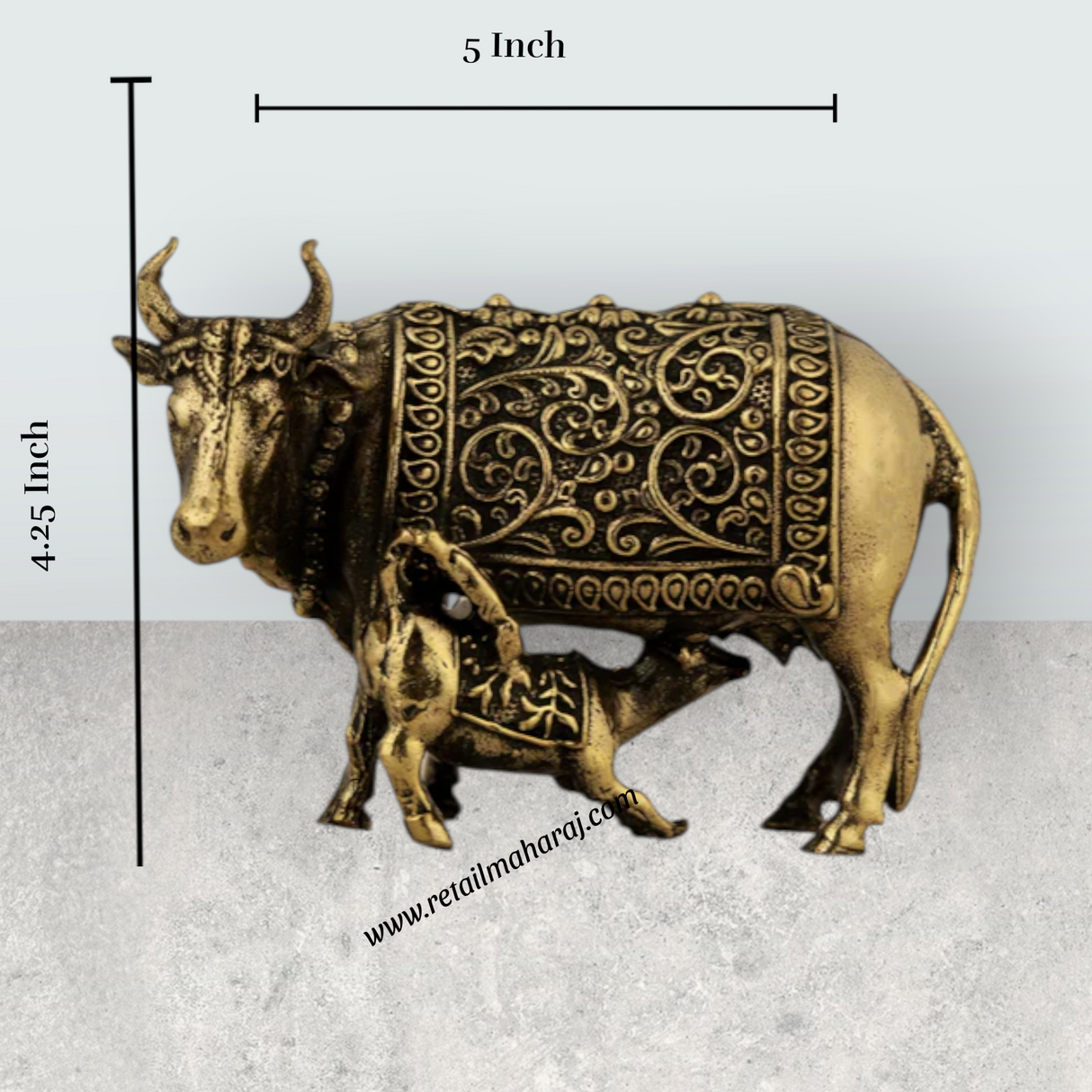 Brass Cow & Calf Idol With Base – 4.25 x 5 Inches | Antique Kamadhenu Idol for Pooja & Home Décor - Retail Maharaj