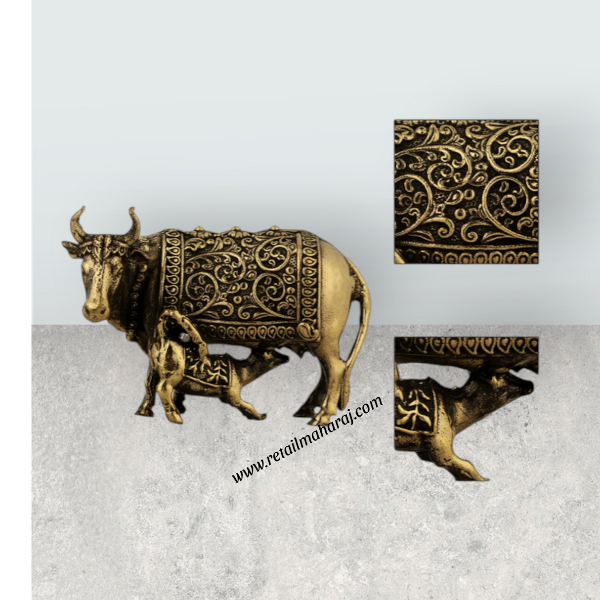 Brass Cow & Calf Idol With Base – 4.25 x 5 Inches | Antique Kamadhenu Idol for Pooja & Home Décor - Retail Maharaj