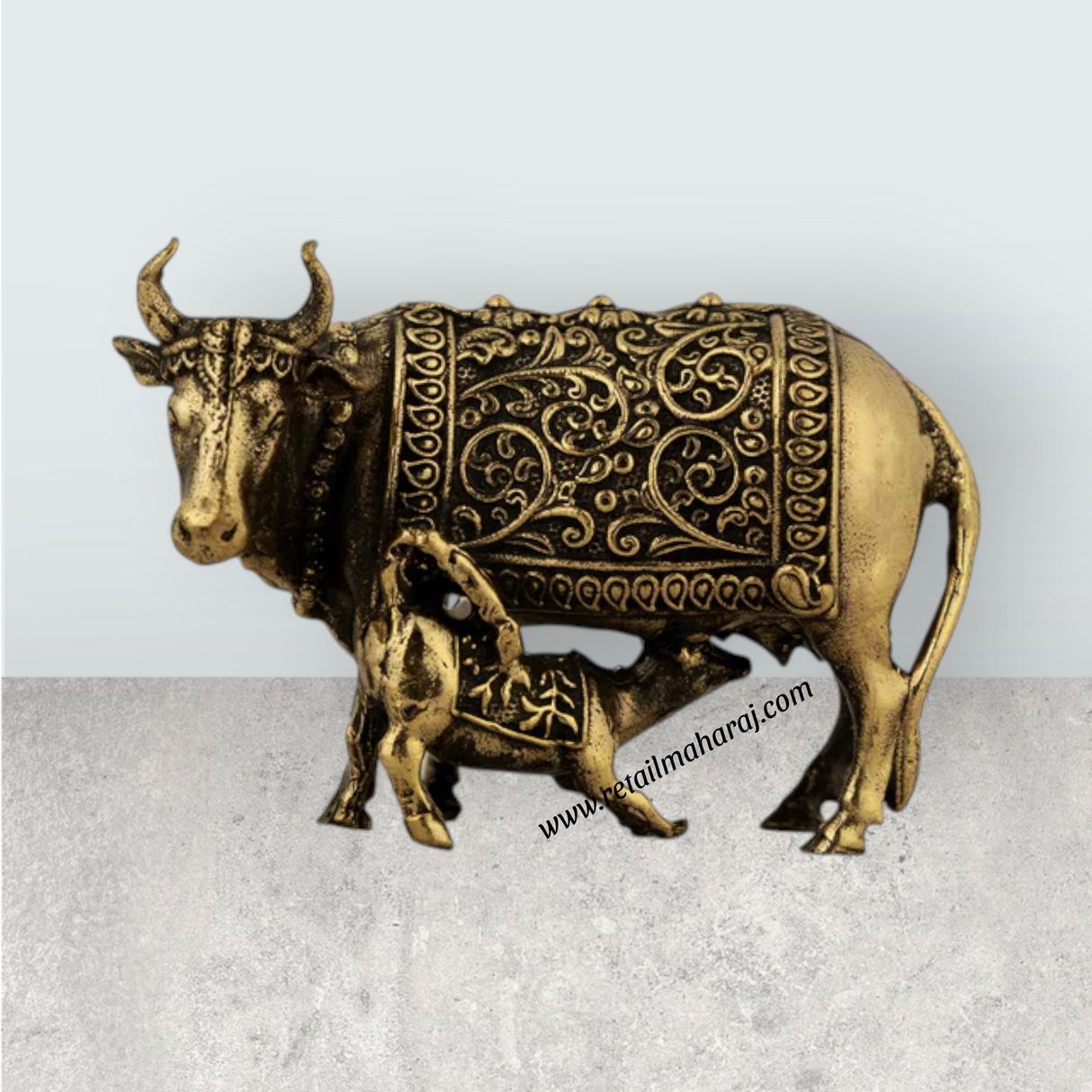 Brass Cow & Calf Idol With Base – 4.25 x 5 Inches | Antique Kamadhenu Idol for Pooja & Home Décor - Retail Maharaj