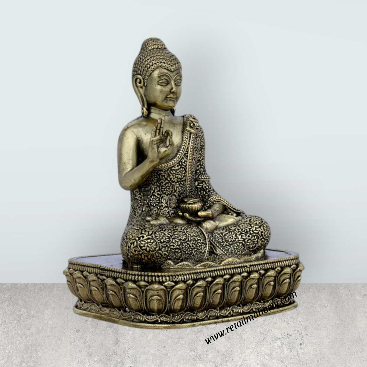 Brass Buddha Sitting On Flower Base Statue – Antique Brass Buddha Idol for Home Décor & Meditation (4 x 2.75 Inches) - Retail Maharaj