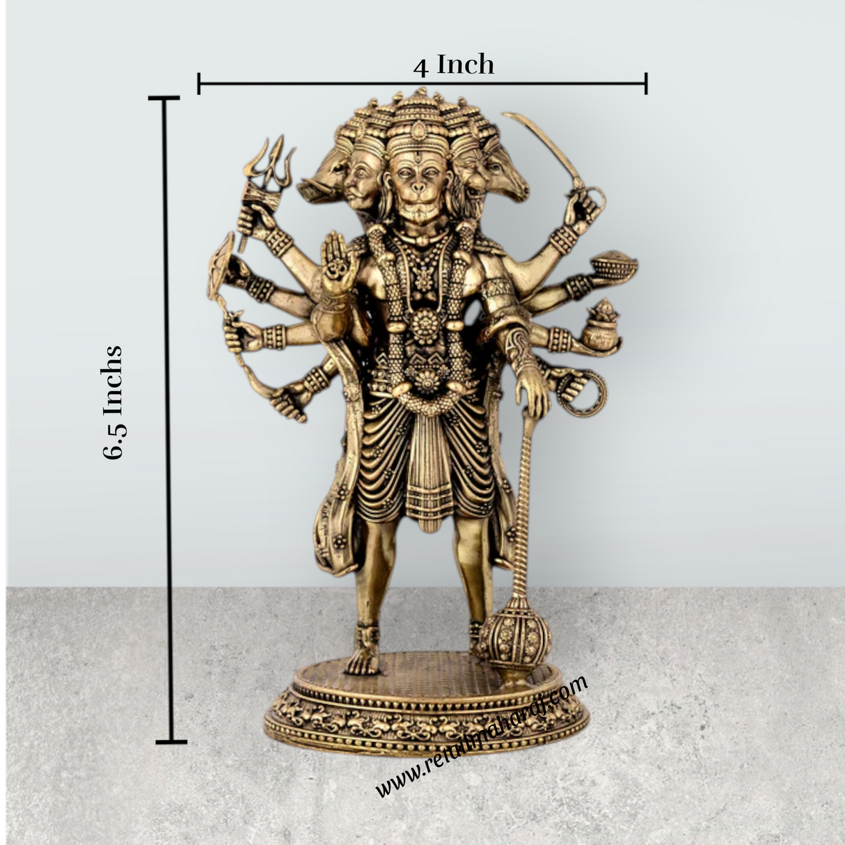 Panchamukhi Hanuman Standing On Base Murti - 6.5 x 4 Inches | Antique Brass Statue for Home Décor & Pooja - Retail Maharaj