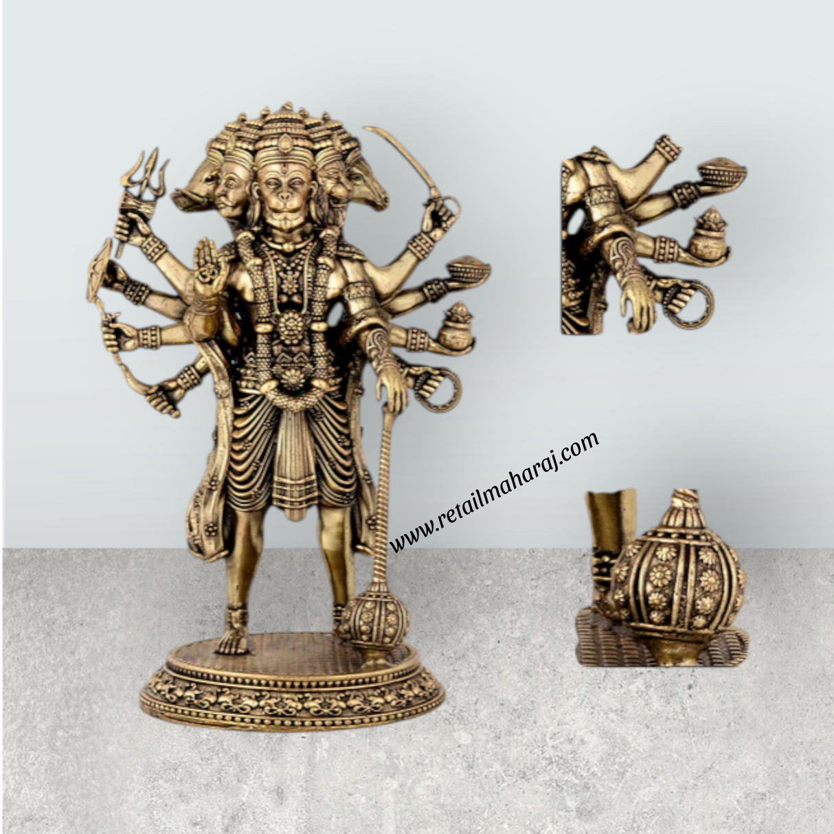 Panchamukhi Hanuman Standing On Base Murti - 6.5 x 4 Inches | Antique Brass Statue for Home Décor & Pooja - Retail Maharaj