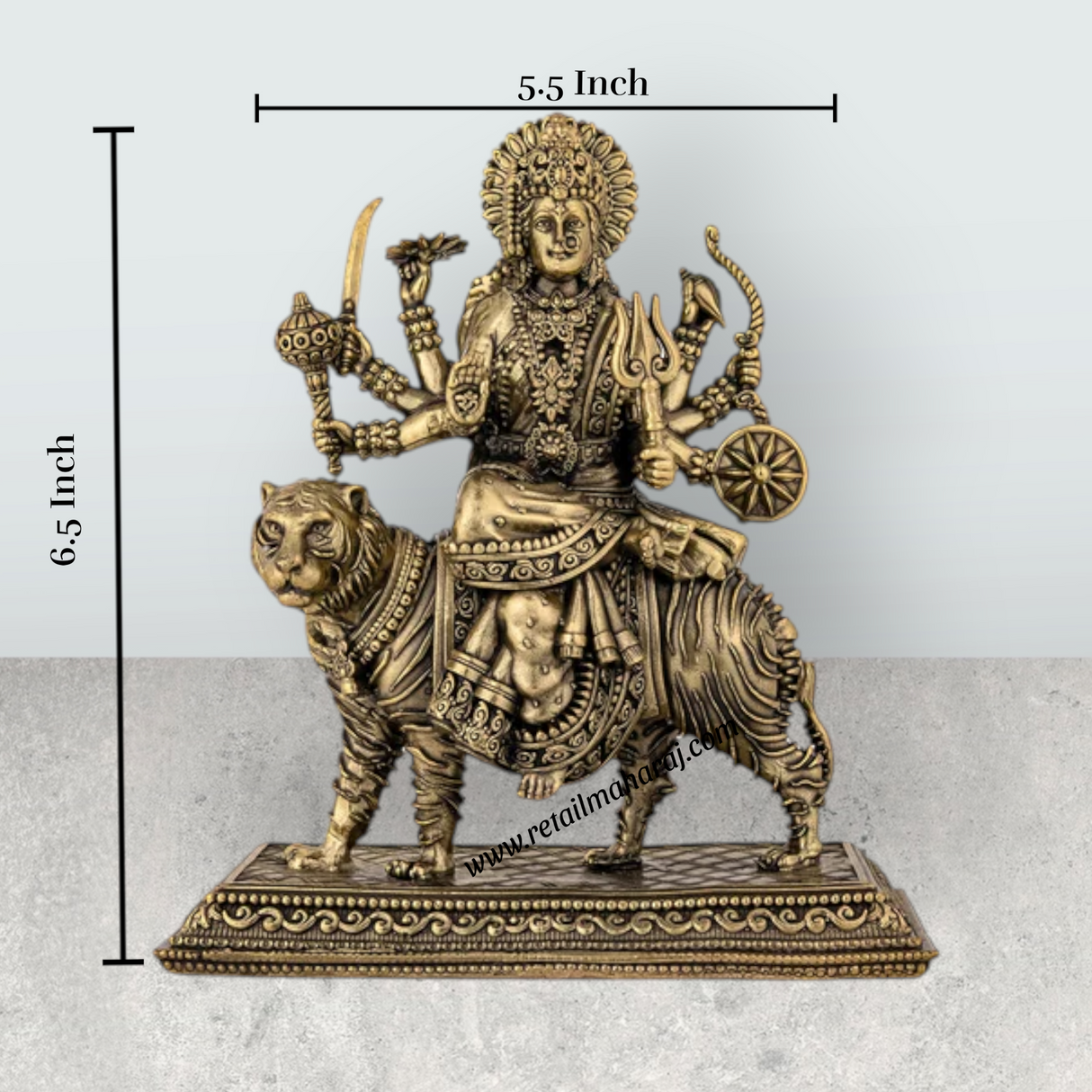 Brass Durga Sitting on Tiger Murti - 6.5 x 5.5 Inches | Antique Brass Durga Statue for Home & Pooja - Retail Maharaj