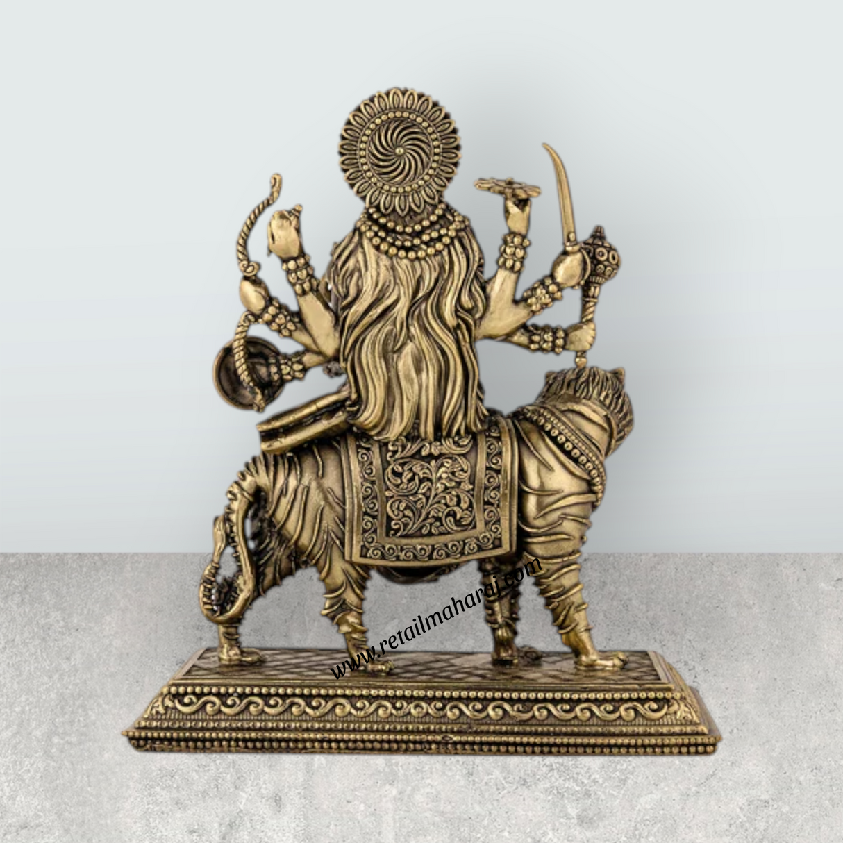 Brass Durga Sitting on Tiger Murti - 6.5 x 5.5 Inches | Antique Brass Durga Statue for Home & Pooja - Retail Maharaj