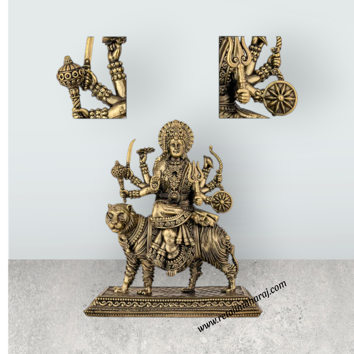 Brass Durga Sitting on Tiger Murti - 6.5 x 5.5 Inches | Antique Brass Durga Statue for Home & Pooja - Retail Maharaj