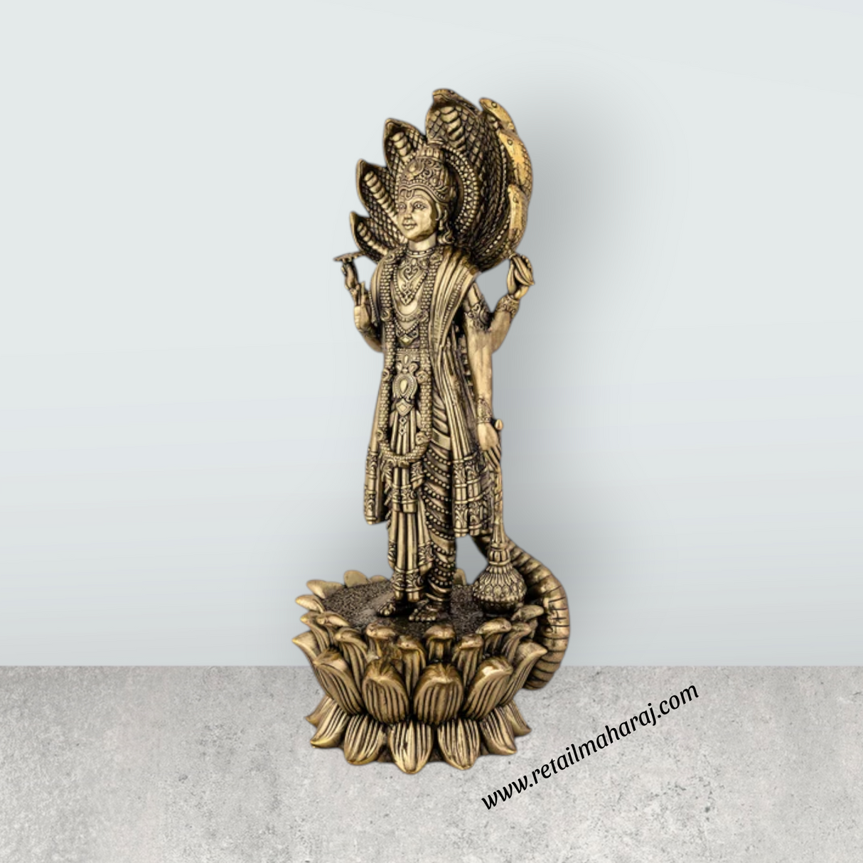 Vishnu Sheshnag Standing on Kamal Base – Antique Brass Vishnu Idol / Murti for Home & Pooja Decor (11 x 4 Inches) - Retail Maharaj