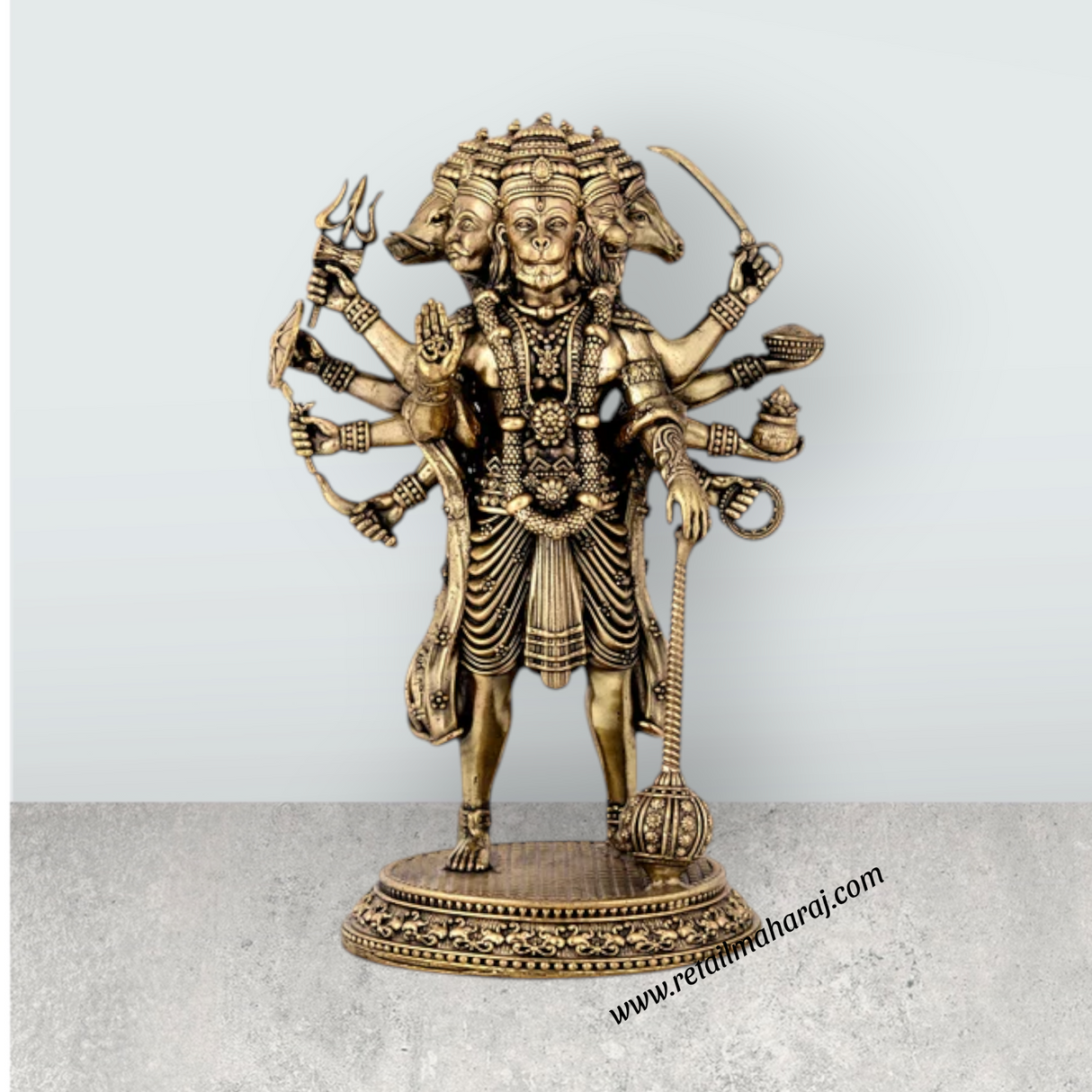 Panchamukha Hanuman Standing On Base Murti - 8 x 5.5 Inches | Antique Brass Anjaneyar Statue for Home & Pooja - Retail Maharaj