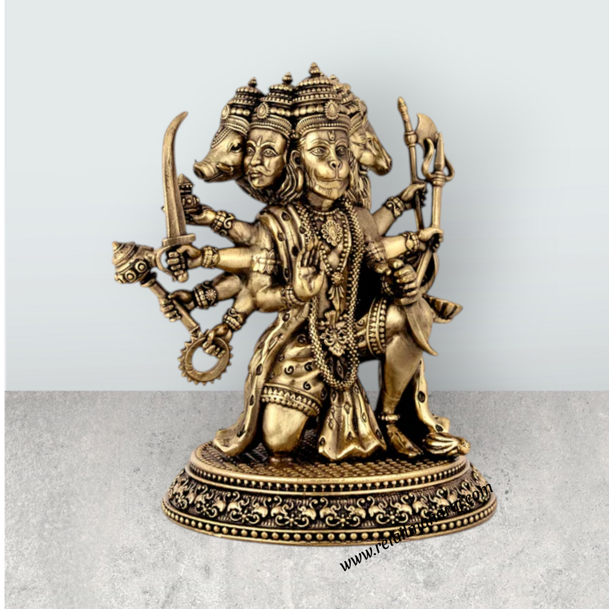 Panchamukhi Hanuman Mandi On Base Murti - 7 x 5.5 Inches | Antique Brass Anjaneyar Statue for Home & Pooja - Retail Maharaj
