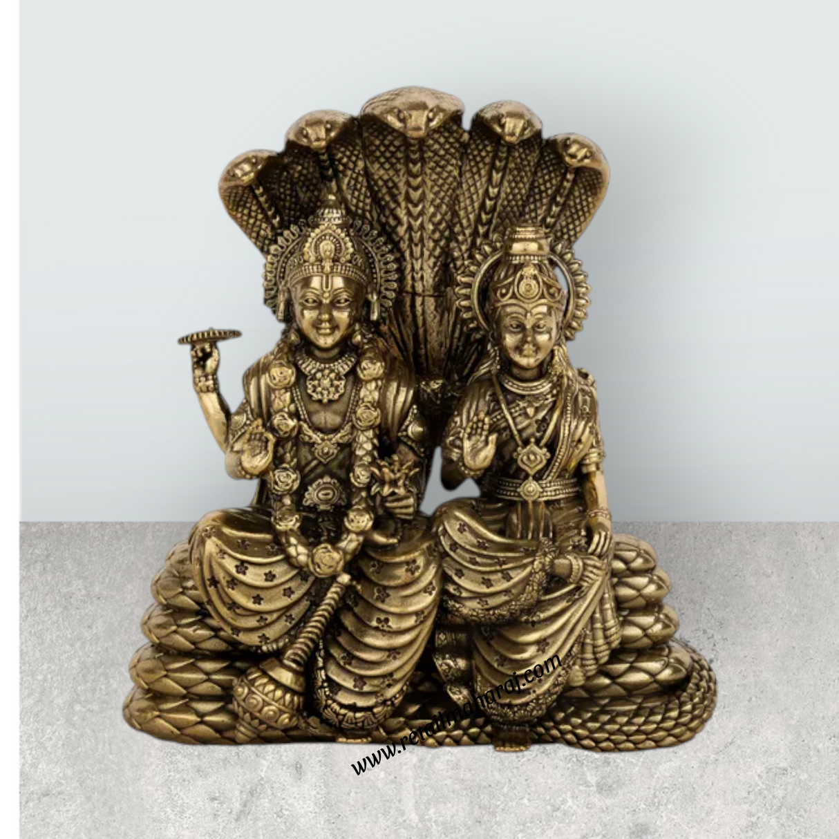 Vishnu Lakshmi Sitting on Sheshnag – 5.25 x 4.5 Inches | Antique Brass Vishnu Lakshmi Idol / Murti for Home & Pooja Decor - Retail Maharaj