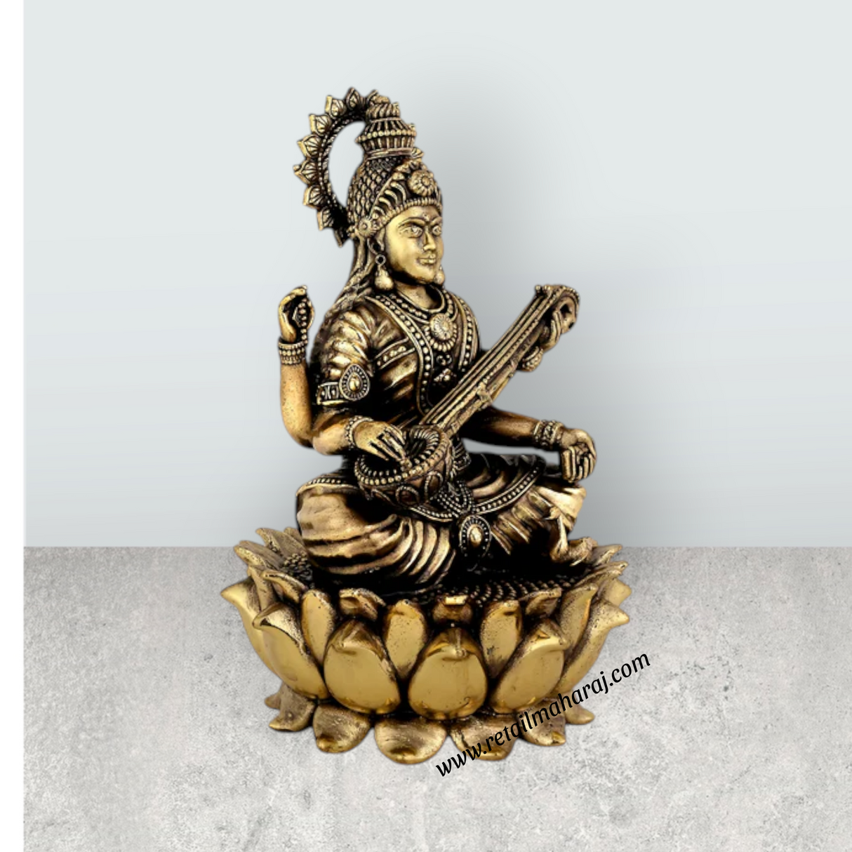 Saraswati Sitting on Kamal Base Murti - 5.25 x 3.5 Inches | Antique Brass Idol - Retail Maharaj