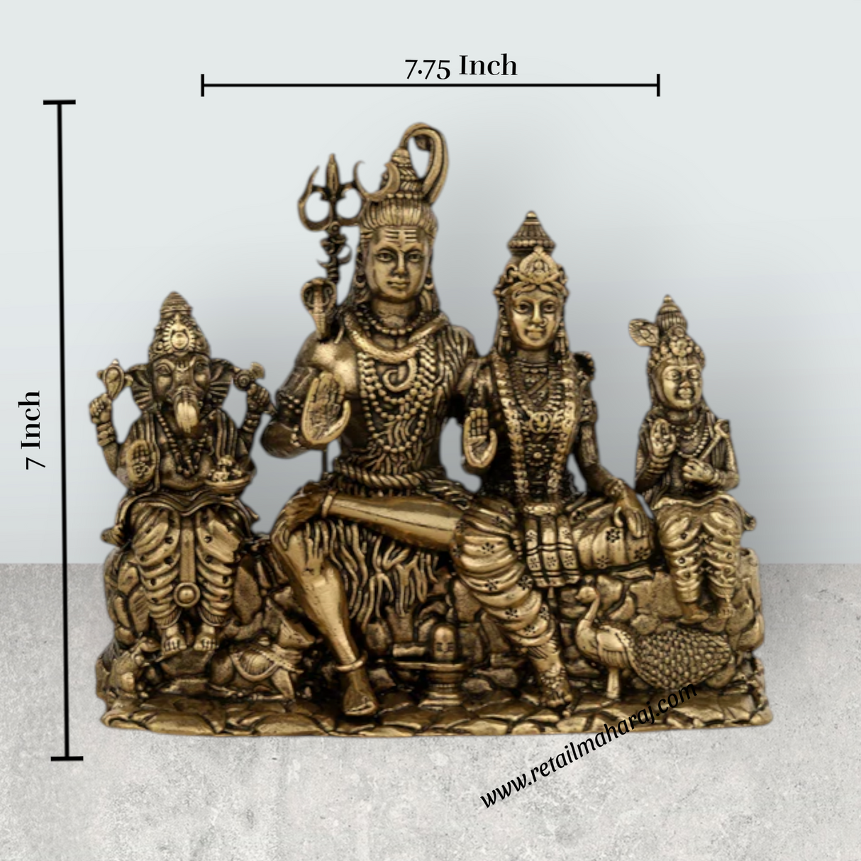 Lord Shiva Family Sitting on Base Murti – Antique Brass Shiv Parivar Idol for Pooja (7 x 7.5 Inches) - Retail Maharaj