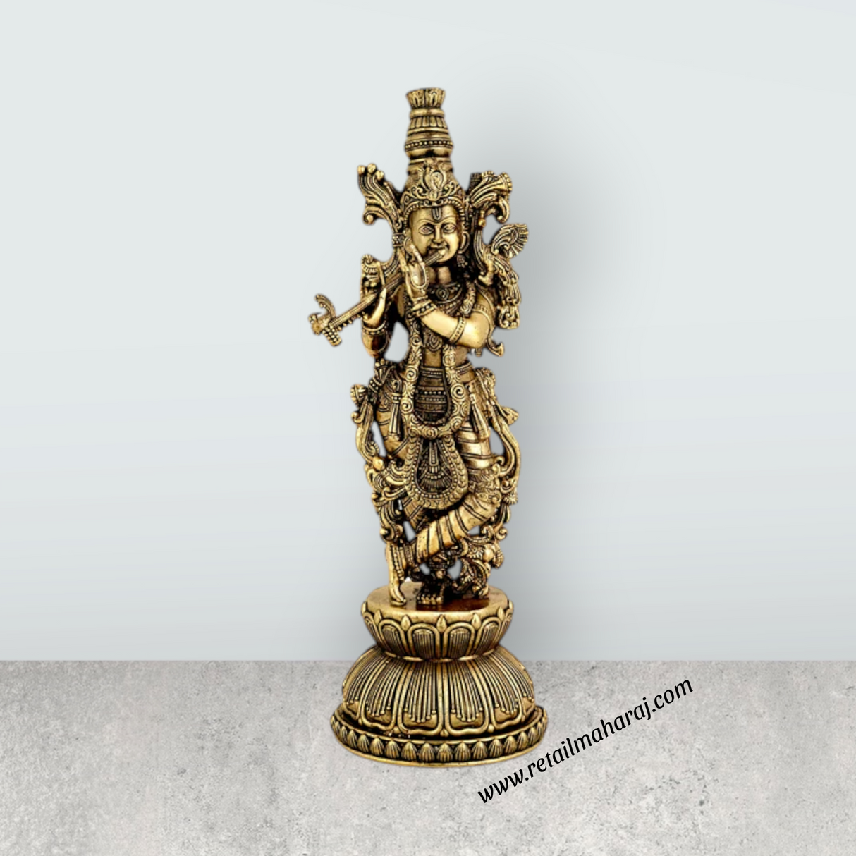 Radha Krishna Standing On Base Murti - 8.5 x 3 Inches | Antique Brass Idol - Retail Maharaj