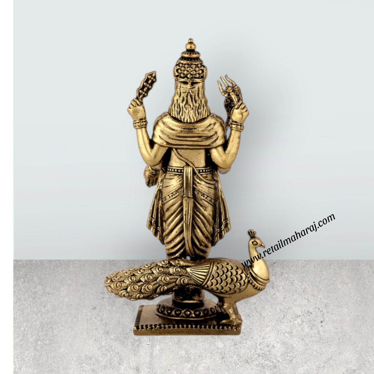 Peacock Murugan Standing On Base Murti - 6 x 3.5 Inches | Antique Brass Idol / Murugan Statue Decor For Home & Pooja - Retail Maharaj
