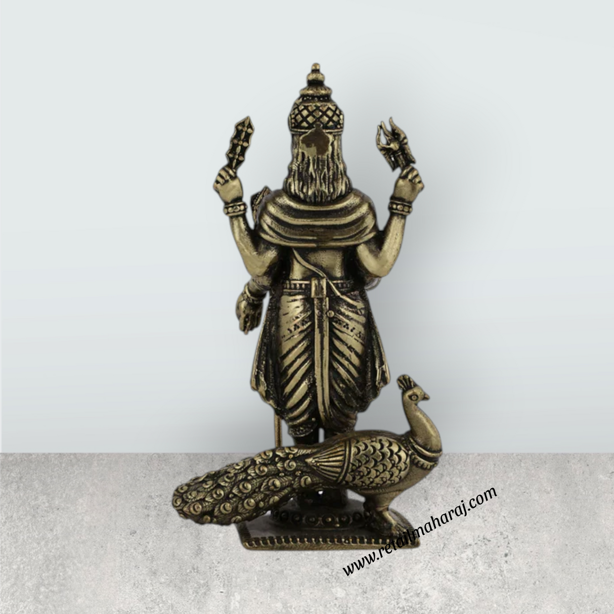 Peacock Murugan Standing On Base Murti - 4 x 2 Inches | Antique Brass Idol - Retail Maharaj
