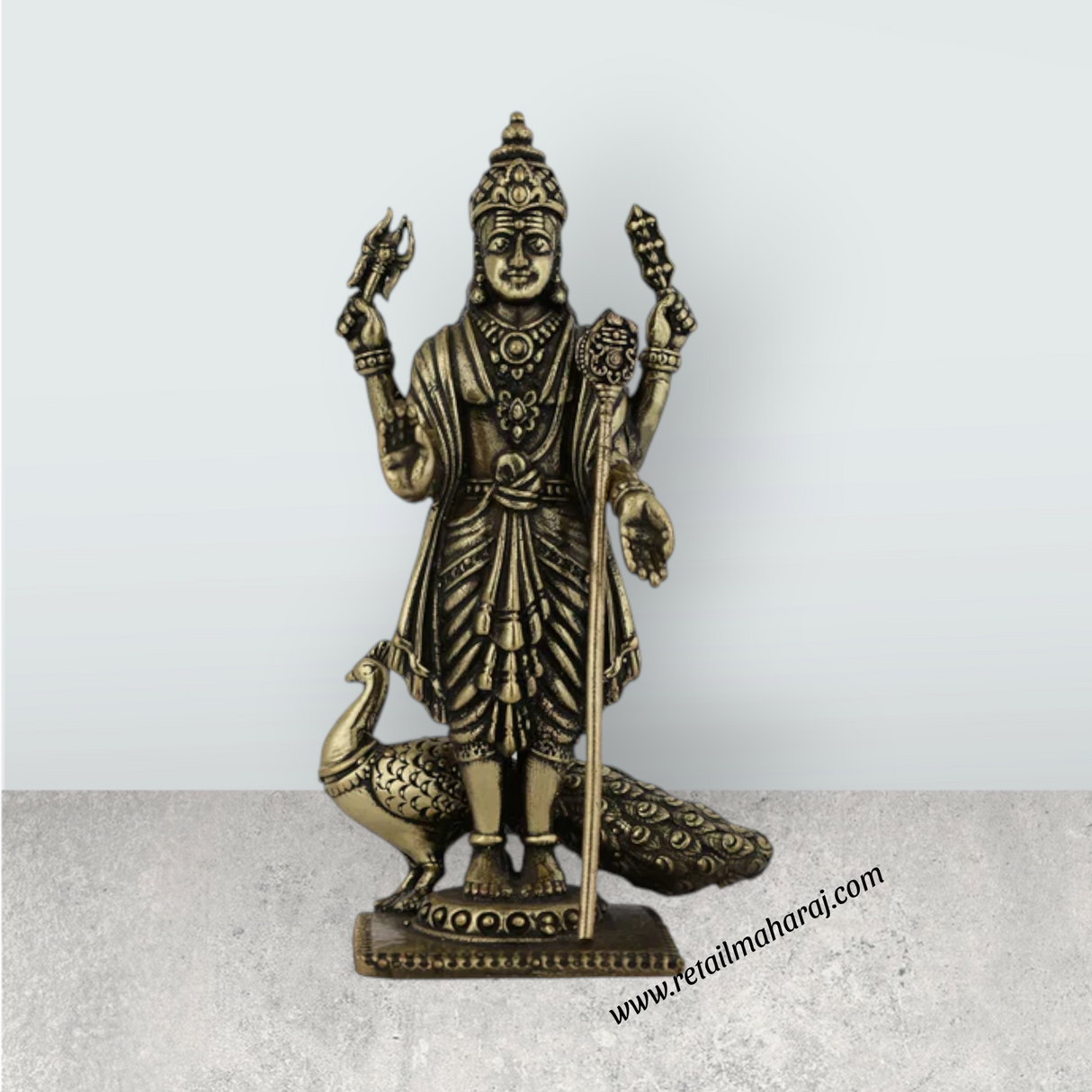 Peacock Murugan Standing On Base Murti - 4 x 2 Inches | Antique Brass Idol - Retail Maharaj