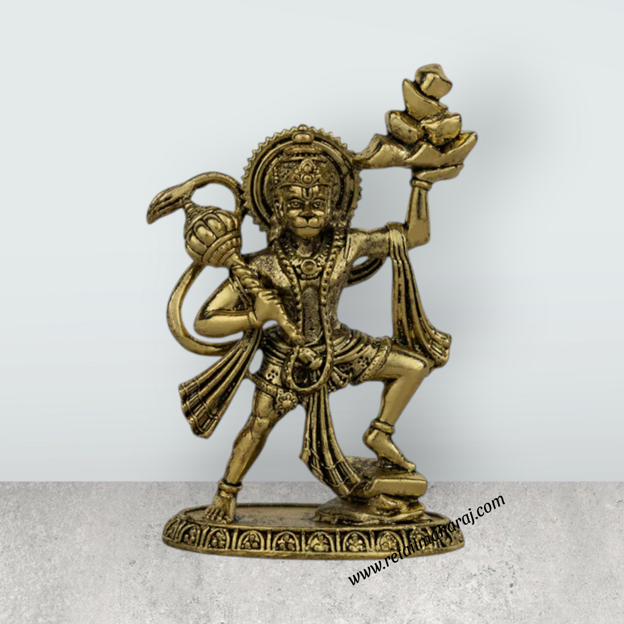 Hanuman Statue Lifting Sanjeevi Mountain Murti - 3.5 x 2.25 Inches | Antique Brass Idol / Anjaneya Statue - Retail Maharaj