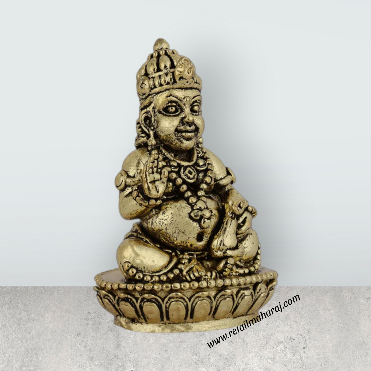 Kubera Sitting On Base Murti - 1.5 x 0.75 Inches | Antique Brass Statue / Kubera Idol for Home & Pooja - Retail Maharaj