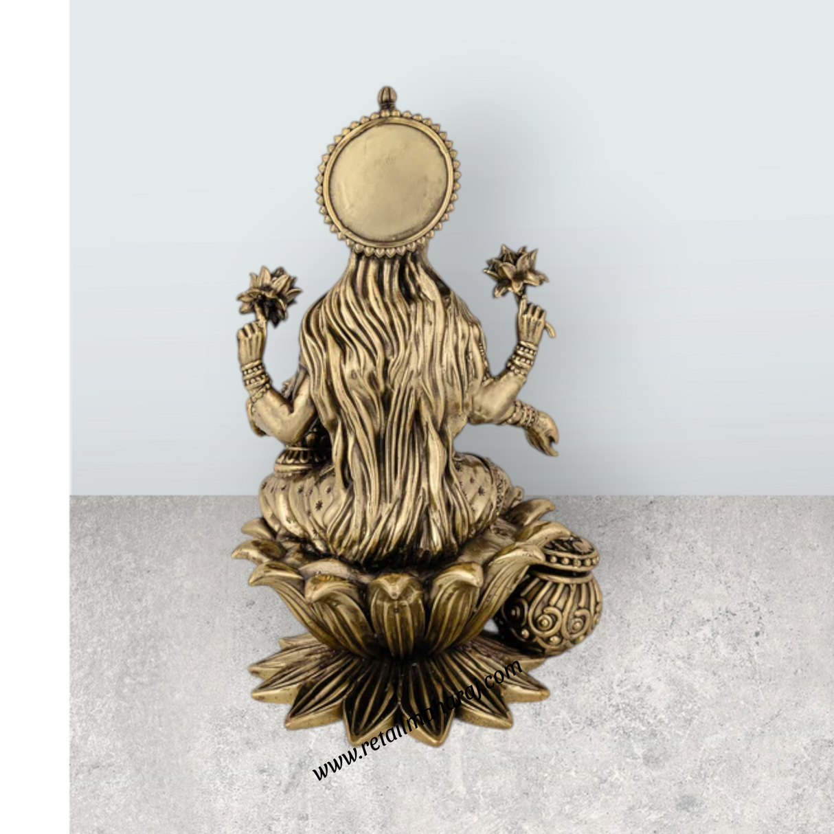 Lakshmi Sitting On Lotus Base Murti - 10 x 6 Inches | Antique Brass Idol / Maha Laxmi Statue / Decor For Home & Pooja - Retail Maharaj