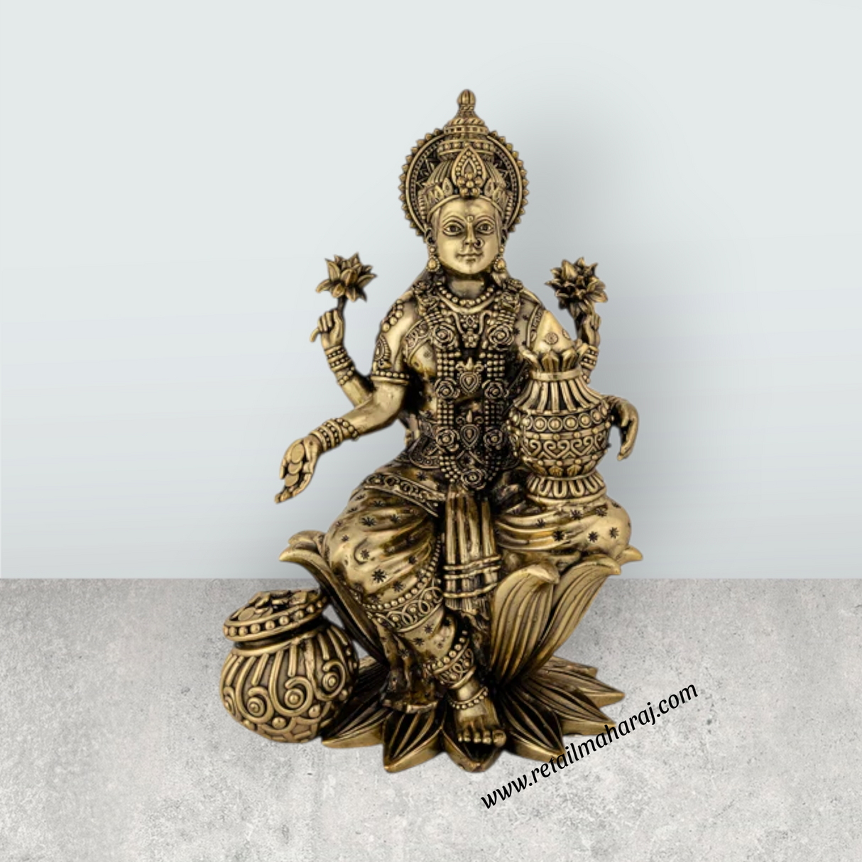 Lakshmi Sitting On Lotus Base Murti - 10 x 6 Inches | Antique Brass Idol / Maha Laxmi Statue / Decor For Home & Pooja - Retail Maharaj